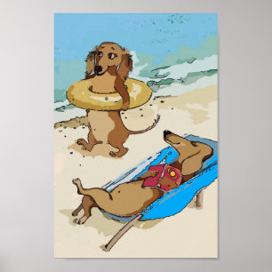 Dachshunds on Beach Poster