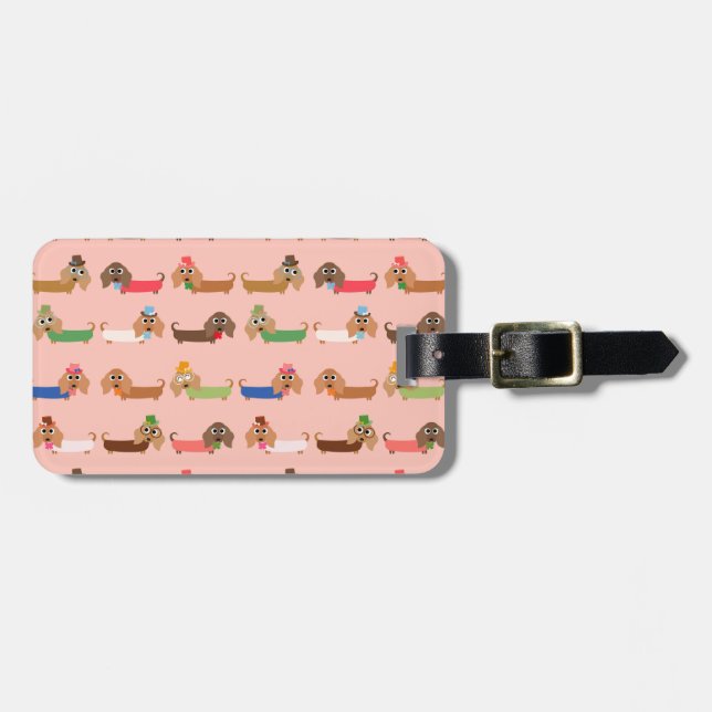 Dachshunds on Pink Luggage Tag (Front Horizontal)