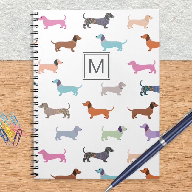 Dachshunds Pattern Stylish Colourful Monogrammed Notebook (A spiral-bound notebook with pattern of colorful dachshunds and monogram initial)