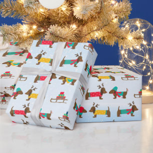 Dachshunds Reindeer Sledge Snow Christmas Pattern  Wrapping Paper