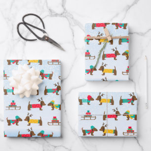 Dachshunds Reindeer Sledge Snow Christmas Pattern Wrapping Paper Sheet