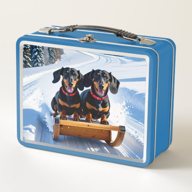 Dachshunds Sled Ride Metal Lunch Box (Front)