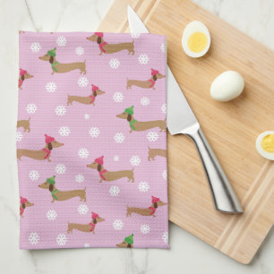 Dachshunds & Snowflakes on Pink Tea Towel