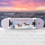 Dachshunds Through The Snow Monogrammed Christmas Skateboard<br><div class="desc">This fun skateboard features two lively dachshunds running happily through the winter snow. The caption above them is a festive pun, 'Dachshunds through the snow'. The cute picture is in a watercolor style, with the rest of the board a pastel lilac colour. Personalise the board with a monogram initial, which...</div>