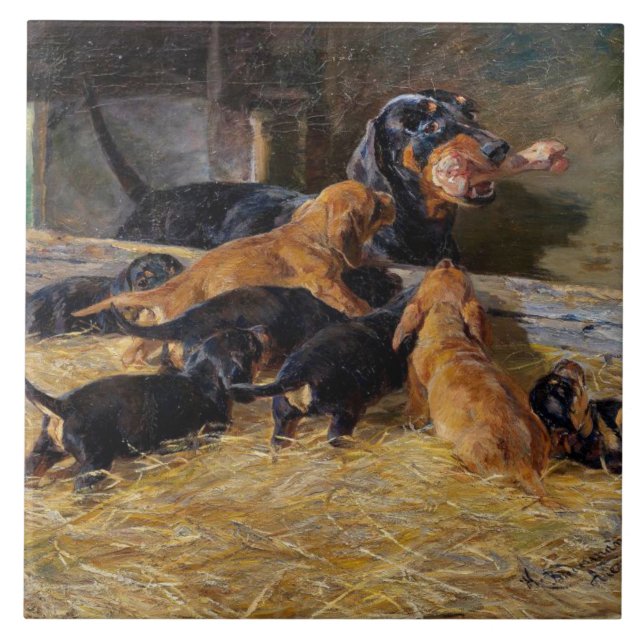Dachshunds with Puppy in the Stable Hermine Bieder Tile (Front)