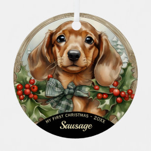 Dachsund Puppy's First Christmas Metal Ornament