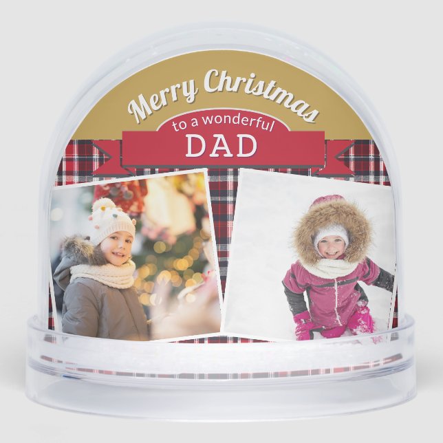 Dad 3 Photos Merry Christmas Tartan Personalised Snowglobe (Front)