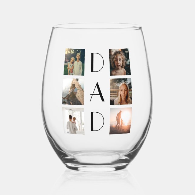 Dad 6 Photo Collage Cute Elegant Father’s Day Stemless Wine Glass (Front)