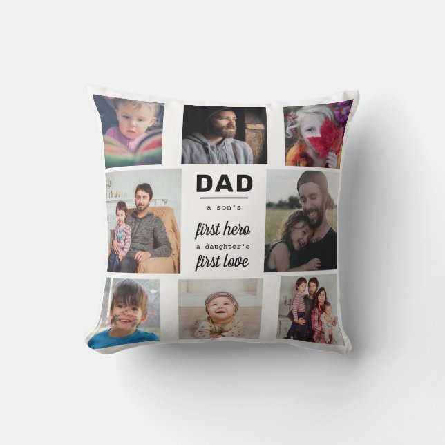Dad A Son's First Hero Typography 8 Photo Collage Cushion (Front)