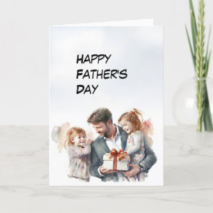 Dad and 2-Daughters with gift Father's Day card