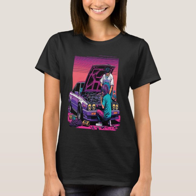 Dad and Daughter Fixing Car Retro Pop Car Mechanic T-Shirt (Front)