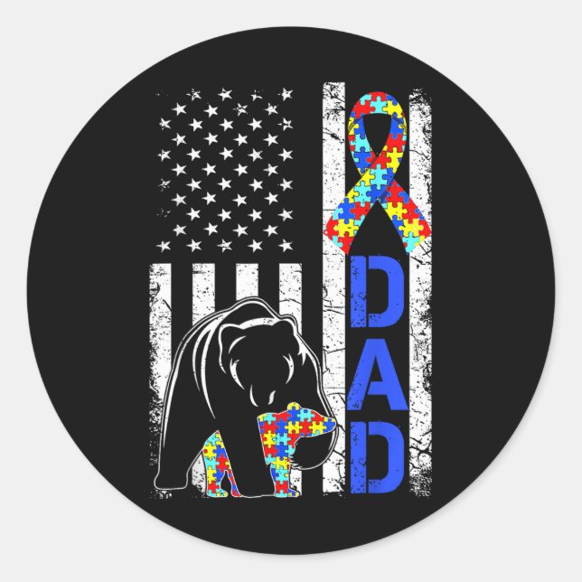 Dad Autism Awareness American Flag Fathers Day  Classic Round Sticker (Front)