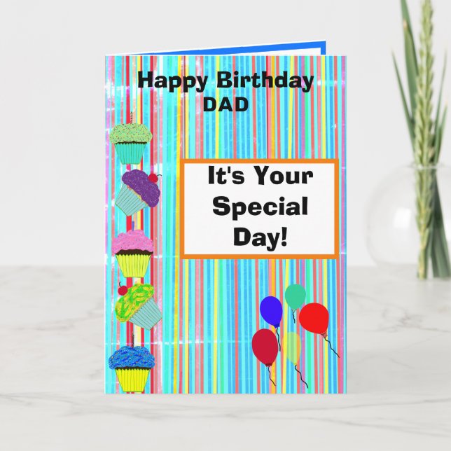 Dad Birthday Balloons Cupcakes Stripes PHOTO  Card (Front)