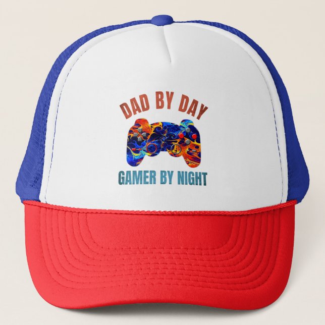 DAD BY DAY GAMER BY NIGHT TRUCKER HAT (Front)
