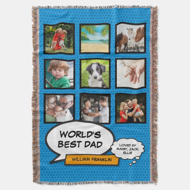 Dad, Daddy, Father 9 Photo Comic Book Fun Blue Throw Blanket (Front Vertical)