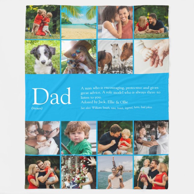 Dad Definition Quote Photo Collage Large Blue Fleece Blanket (Front)