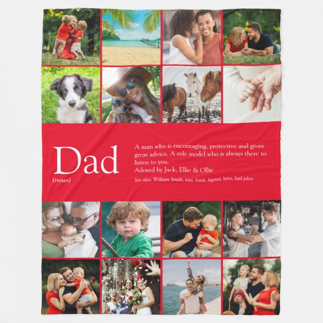 Dad Definition Saying Photo Collage Red Large Fleece Blanket (Front)