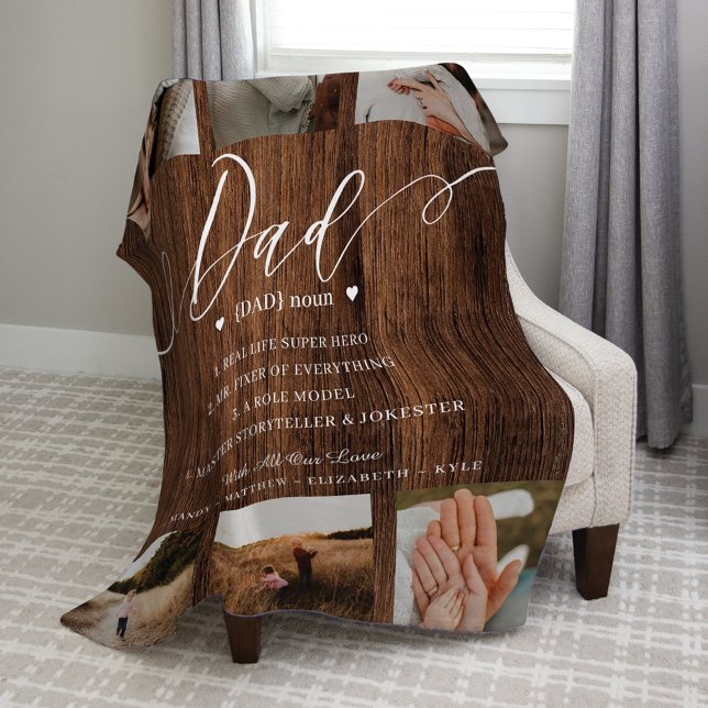 Dad Dictionary Definition Photo Collage Woodgrain Fleece Blanket (Creator Uploaded)
