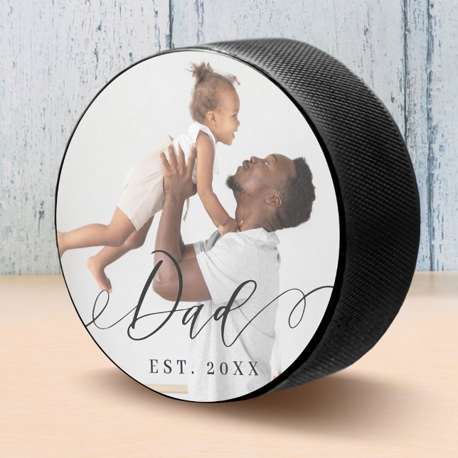 Dad Elegant Script Minimal Father's Day Gift Photo Hockey Puck (Dad Elegant Script Minimal Father's Day Gift Photo Hockey Puck)