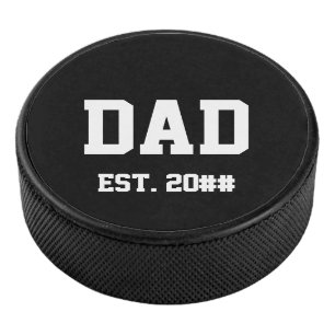 Dad Est. 20xx Established Year Black and White Hockey Puck