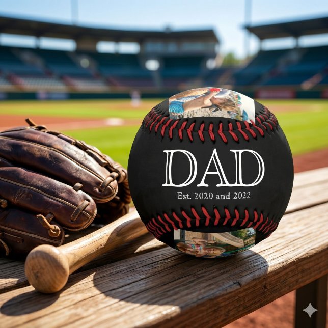 Dad Est. White Bold Minimal Text 3 Photos Baseball (Creator Uploaded)