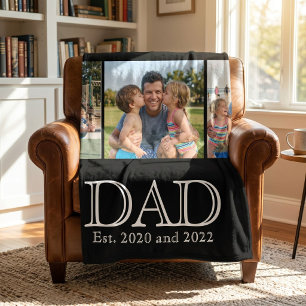 Dad Est. White Bold Minimal Text 3 Photos Fleece Blanket