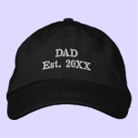 "Dad Est. YEAR" Modern Minimalist Cool Simple Embroidered Hat<br><div class="desc">This cool hat is for your cool father. "Dad Est. 20XX" reads the embroidered text, in bold, modern typography. Customise with year of first child's birth to mark the special date he became a father. A simple and timeless look. A great gift for your unique dad on Father's Day, his...</div>