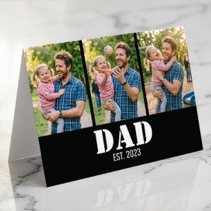 Dad Established 3-Photo Bold White & Black Modern Card