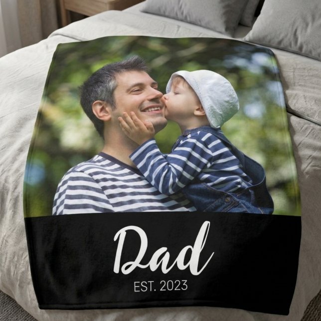 Dad Established Black Modern Script Photo  Fleece Blanket (Creator Uploaded)