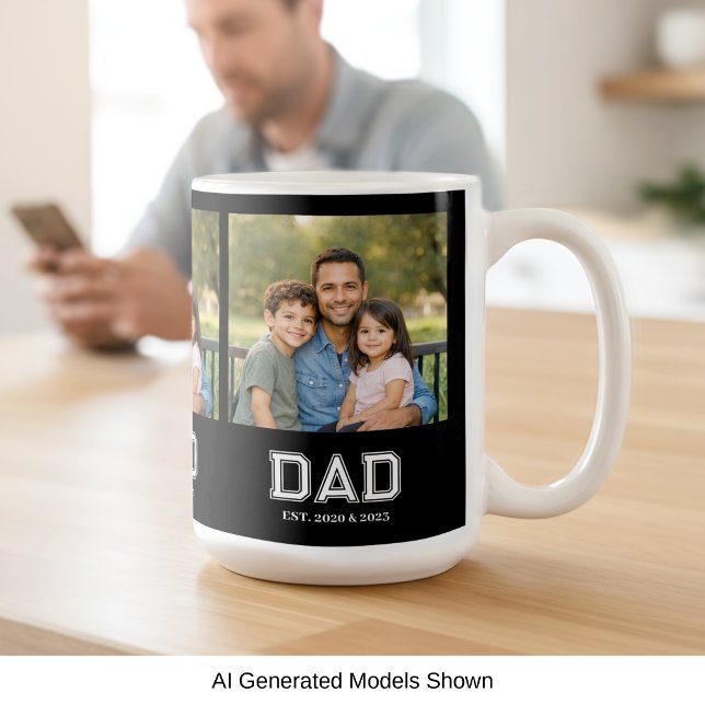Dad Established Black Photo Modern Typography Gift Coffee Mug (Dad Established design with custom photo and sports-style text - the perfect Father's day gift!)