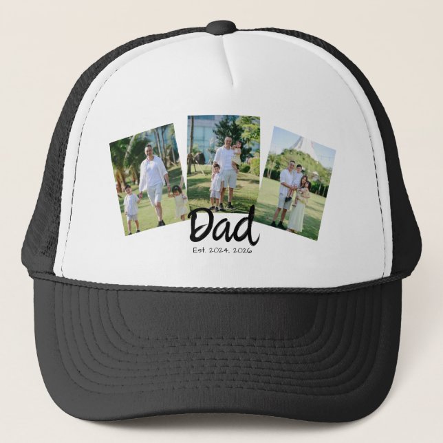 Dad Established black script 3 Photo Trucker Hat (Front)