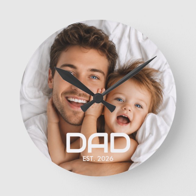 Dad Established Black White Bold Photo Round Clock (Front)