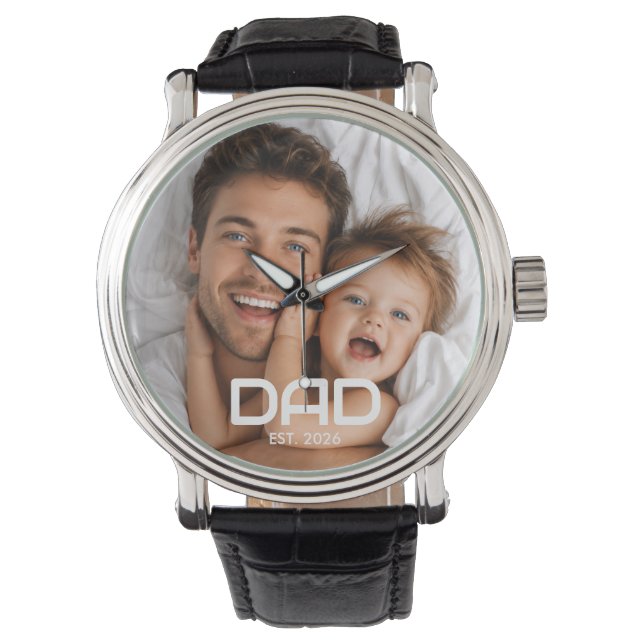 Dad Established Black White Bold Photo Watch (Front)