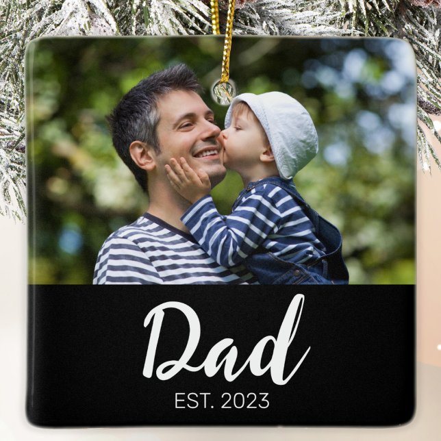 Dad Established Black White Script Photo Ceramic Ornament (Creator Uploaded)