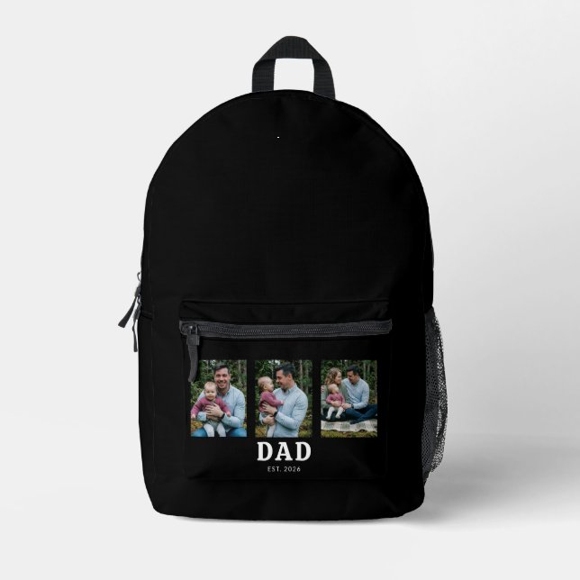 Dad Established Bold Modern Black 3 Photo Printed Backpack (Front)