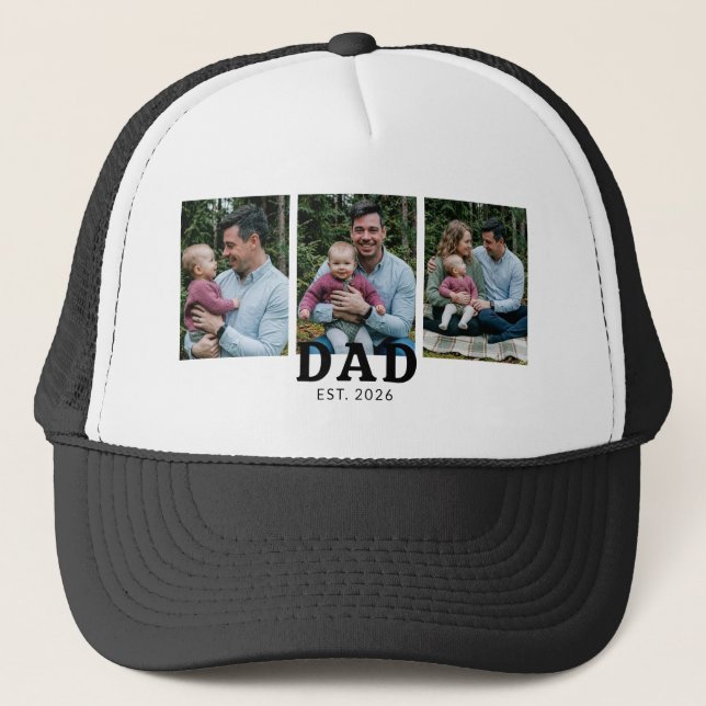 Dad Established Bold Modern Black 3 Photo Trucker Hat (Front)