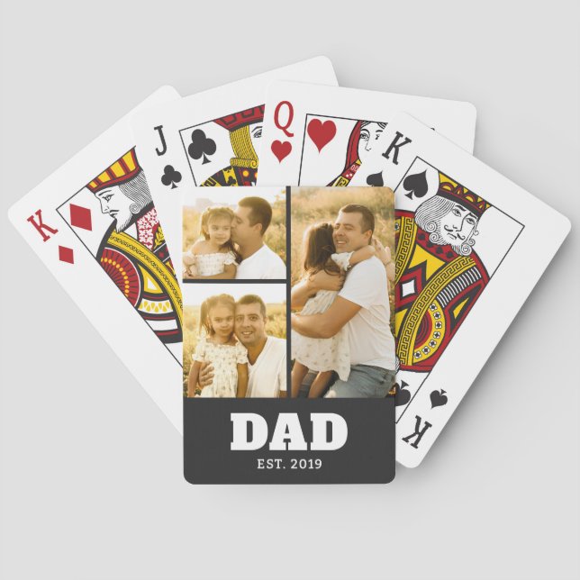 Dad Established Bold Text Black 3 Photo Playing Cards (Back)