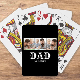 Dad Established Bold Typography Black 3 Photo Playing Cards