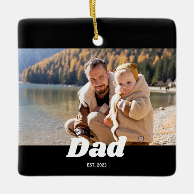 Dad Established Bold White Typography Photo Ceramic Ornament (Front)