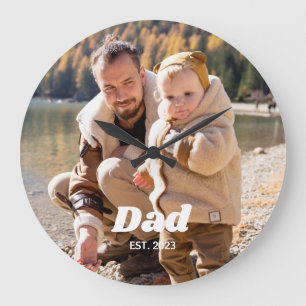 Dad Established Bold White Typography Photo Large Clock