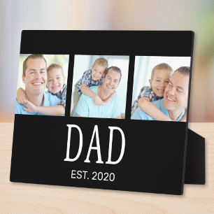 Dad Established Elegant Script 3 Photo Black Plaque