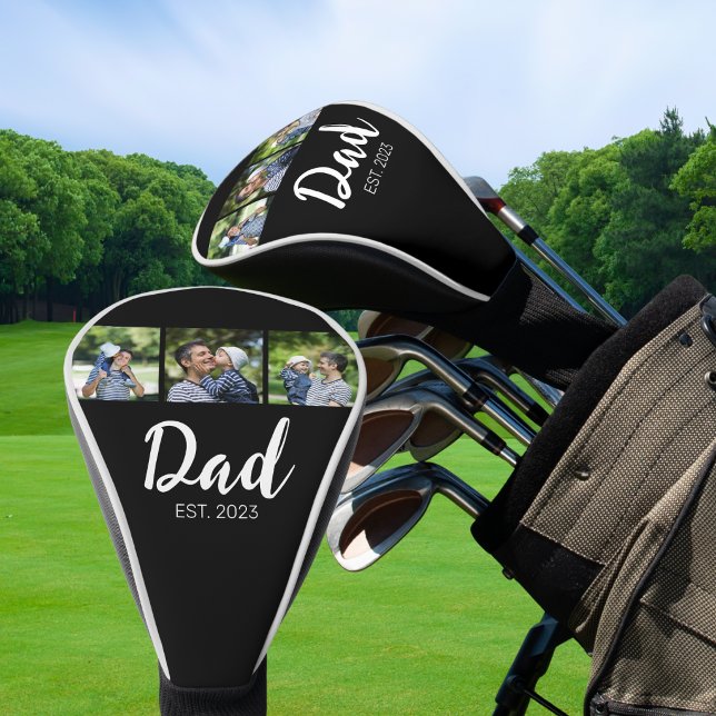 Dad Established Elegant Script Black 3 Photo Golf Head Cover (Creator Uploaded)