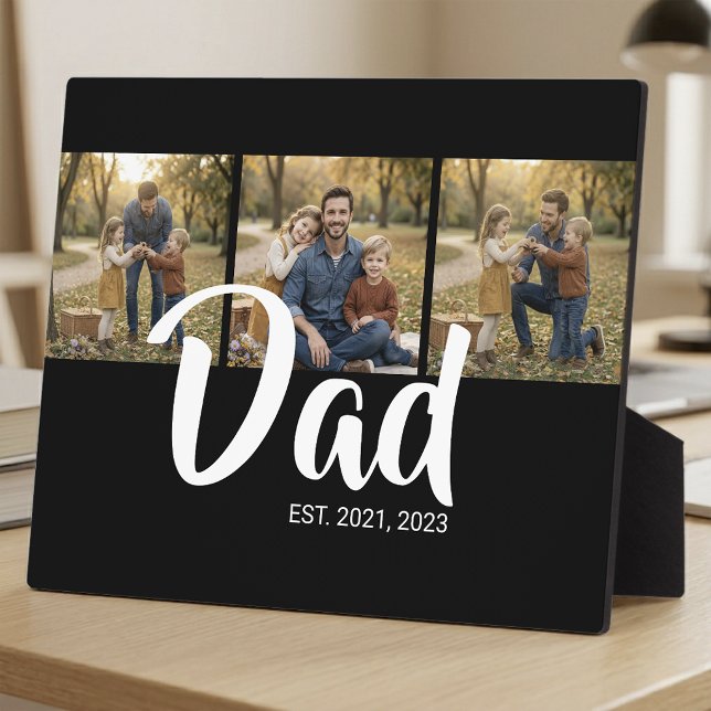 Dad Established Elegant Script Black 3 Photo Plaque (Dad Established Elegant Script Black 3 Photo Plaque)