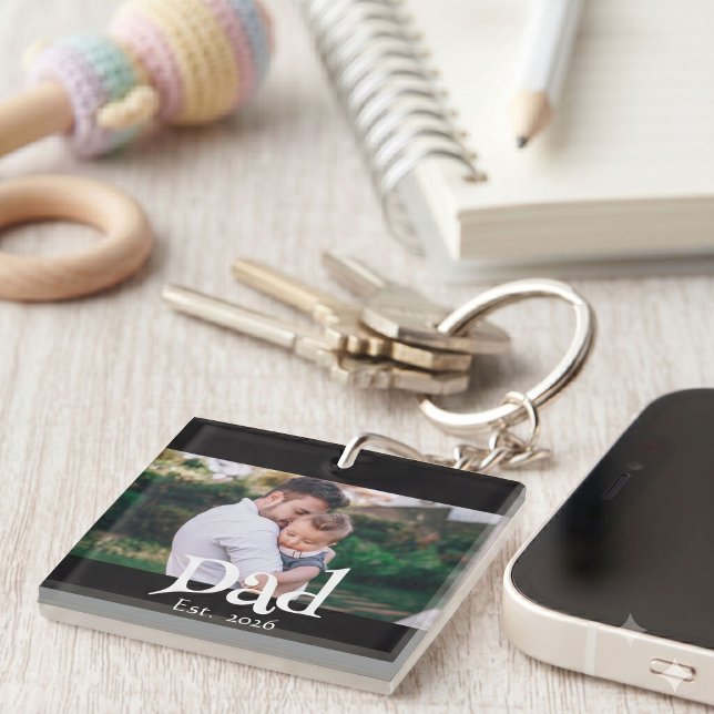 Dad Established Fun Bold Simple Text + Photo Black Key Ring (Creator Uploaded)