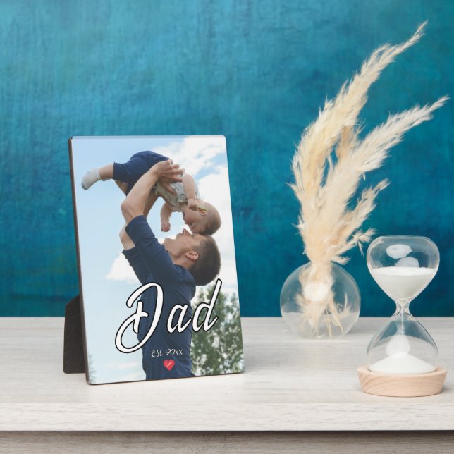 Dad Established Fun Script Photo Heart Gift  Plaque (Side)