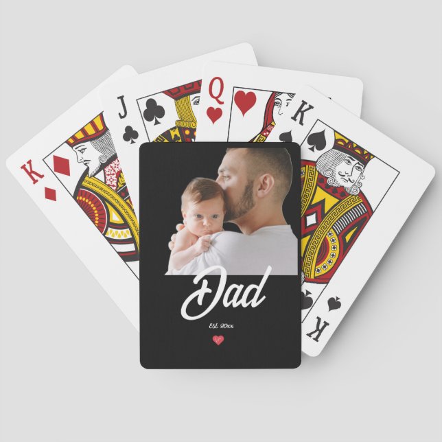 Dad Established Fun Script Photo Heart Gift Playing Cards (Back)