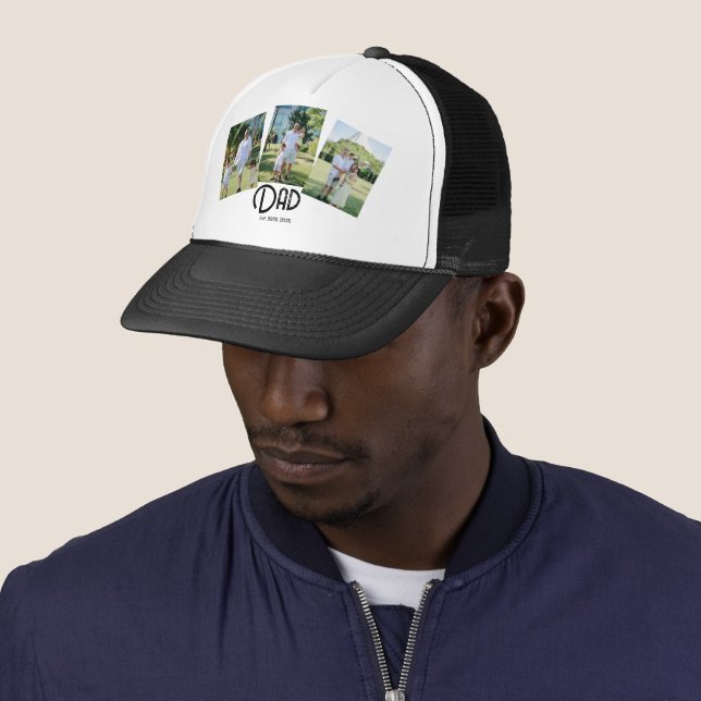Dad Established Grunge Text Black 3 Photo Trucker Hat (In Situ)