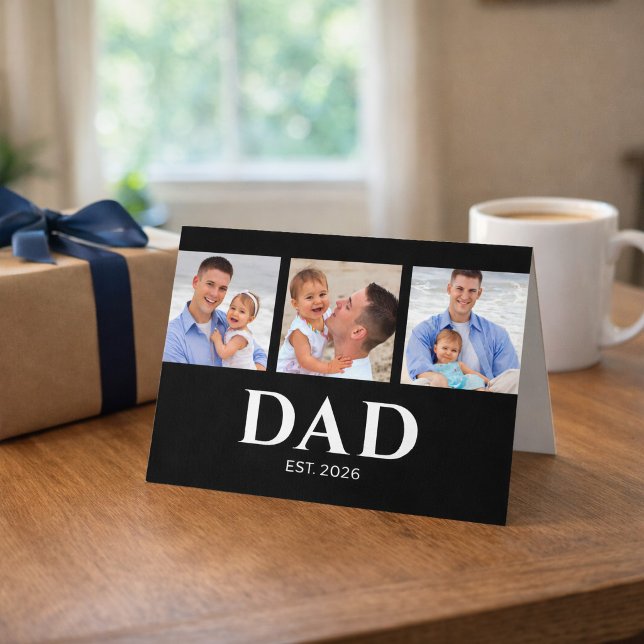 Dad Established Modern Black 3 Photo Father's Day Card (Creator Uploaded)