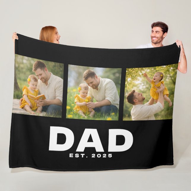 Dad Established Modern Bold Black 3 Photo  Fleece Blanket (In Situ)