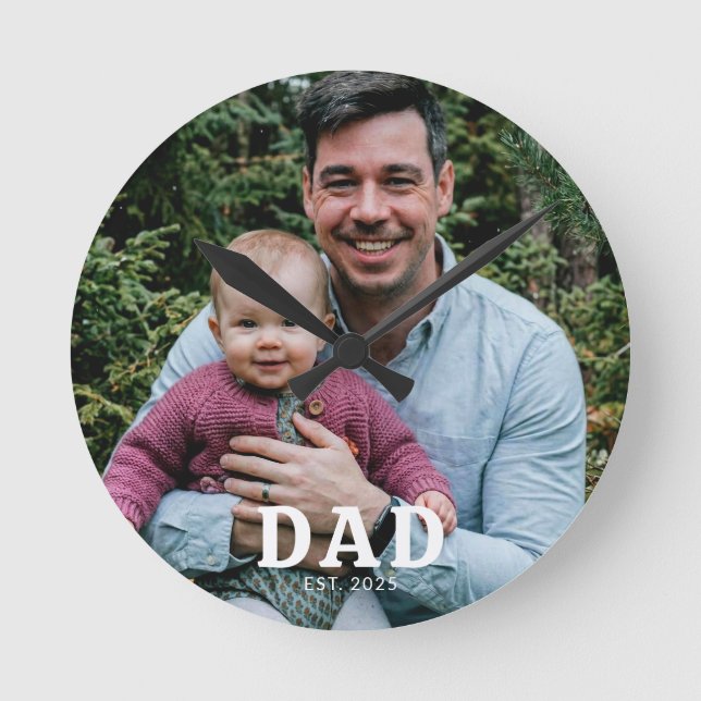 Dad Established Modern Bold Photo Gift  Round Clock (Front)